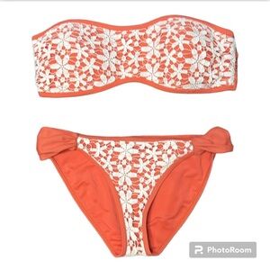 Aerie Crocheted Overlay Coral Bikini Top size L, bottom size M